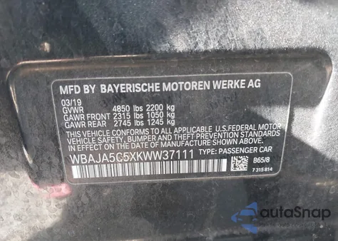 2019 BMW 530I из США, поврежденный, VIN WBAJA5C5XKWW37111